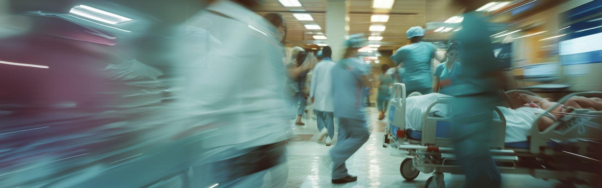 A group of dedicated healthcare professionals rush through a blurry hospital setting, attending to patients and managing the chaos of the emergency room with urgency and focus
