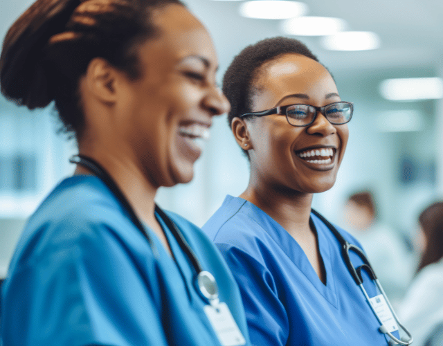 Two female clinical staff laughing