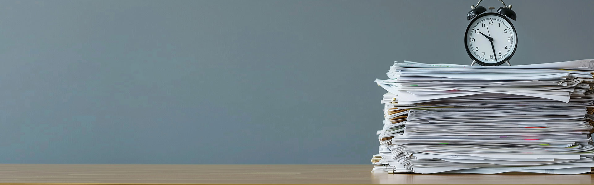 Stack of office documents with alarm clock on