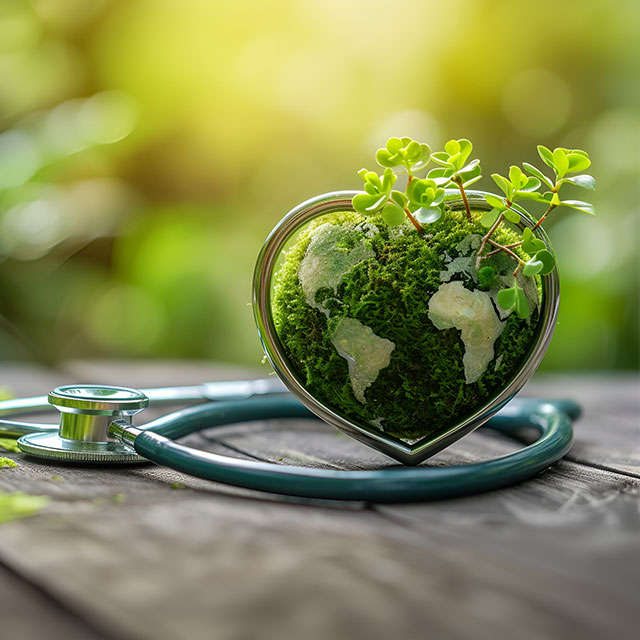 World Health Day. Global Health Awareness Concept. Handmade Globe inside Stethoscope as Heart Shape. Green Environment to Love and Care