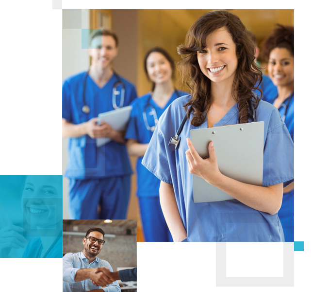 Employee services images showing nurses holding electronic tablets and people shaking hands