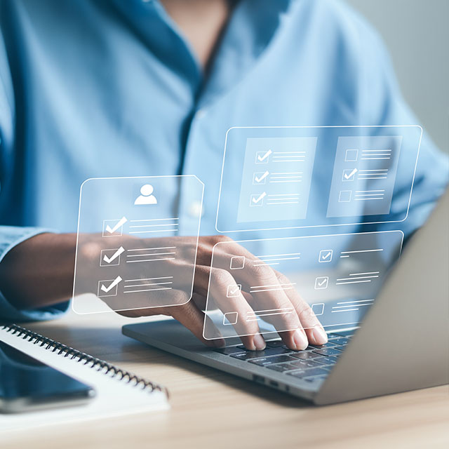Business and technology concept. Fill out an online employee assessment form. Human resource management, HR, recruitment, leadership and teambuilding.